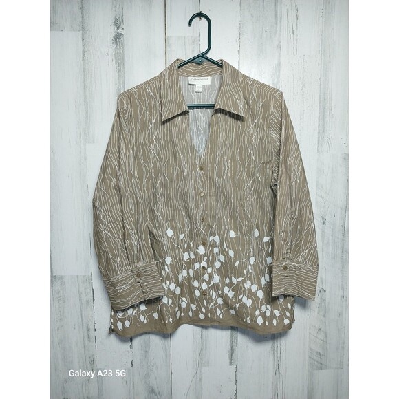 COLDWATER CREEK  Tan Blouse w/ White Hanging Vines / Flowers  Large 14-16 - Picture 1 of 7